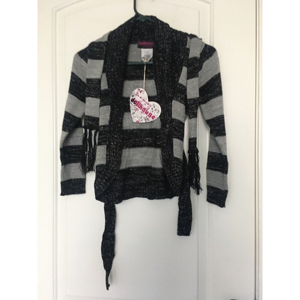Dollhouse Girls Striped Open Front Sweater Attached Scarf Size Large 6X